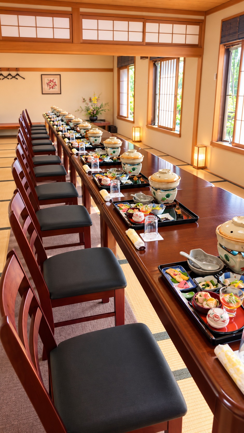 お料理を並べた、木のテーブルと椅子のある宴会場