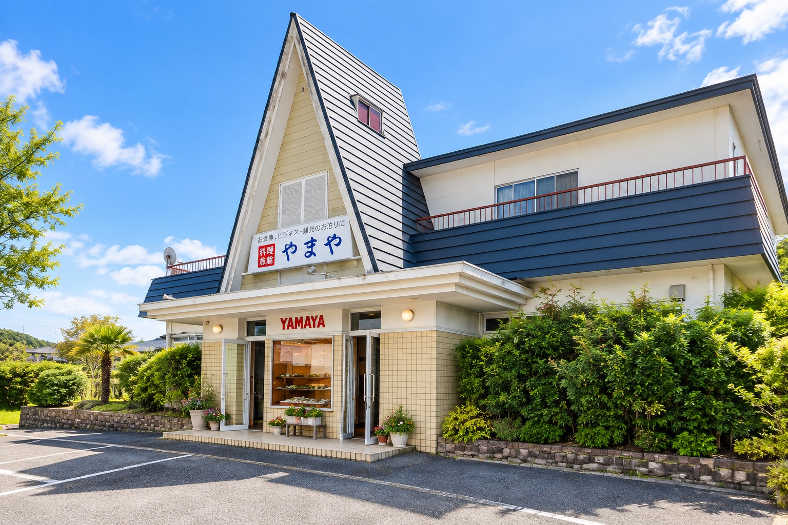 青空の下に建つ、三角屋根のやまや旅館